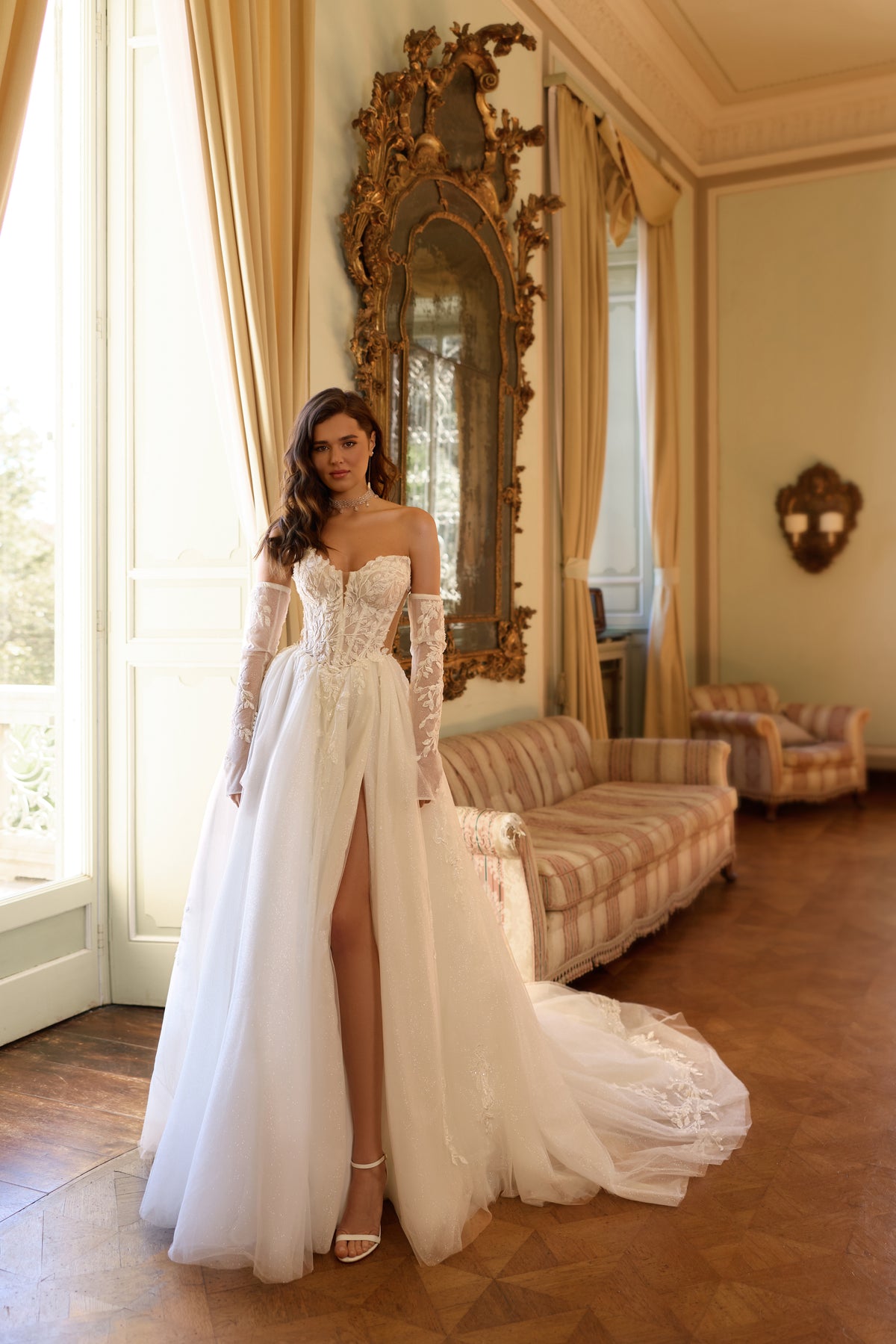 white wedding dress with gold trim CATERINA elegant white gold wedding dress
