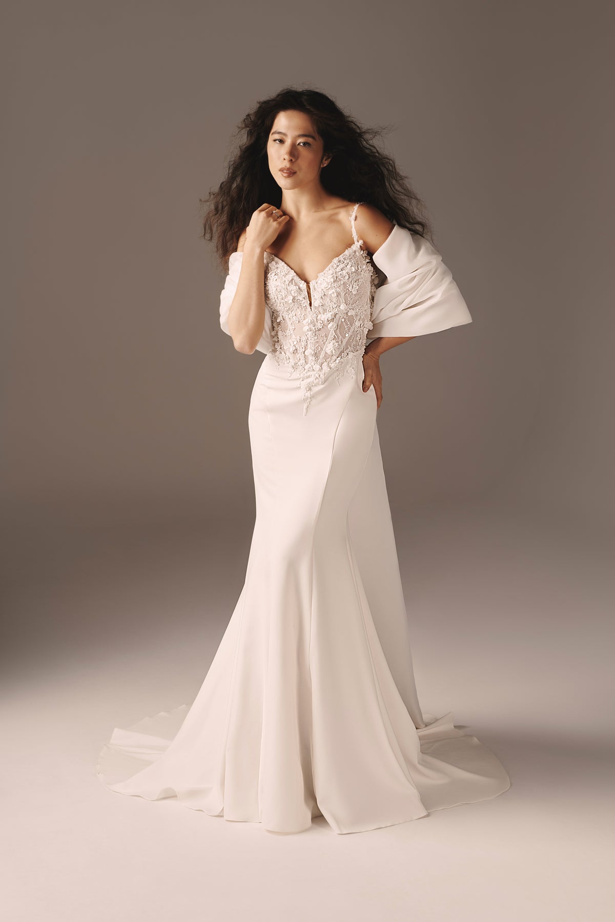 Helena | Premium Crepe Mermaid Gown with 3D Lace & Bow Cape | Victoria  Soprano Group