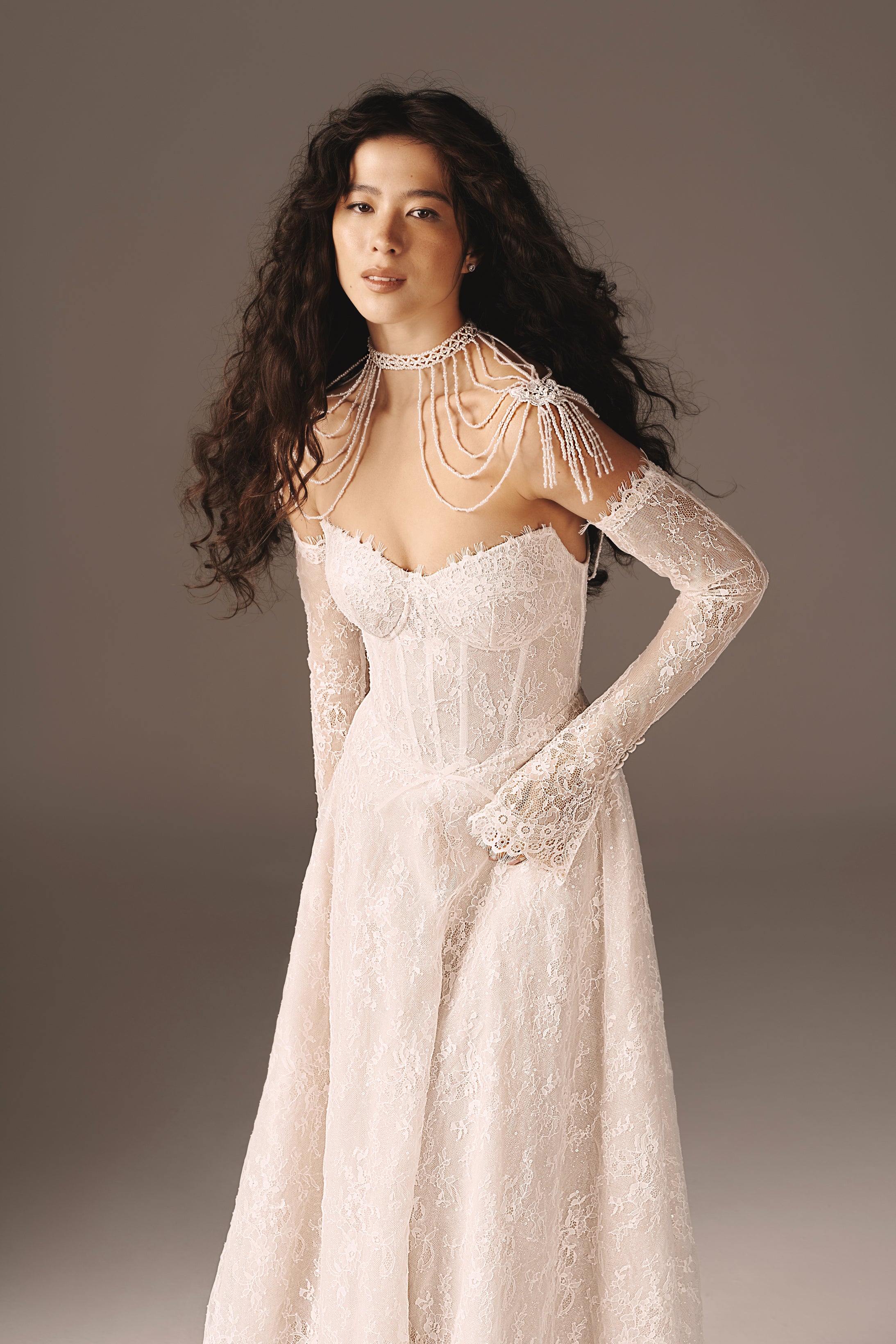 DELANEY| Sparkling Chantilly Lace A-Line Dress with Gloves | Victoria Soprano Group DELANEY| Sparkling Chantilly Lace A-Line Dress with Gloves | Victoria Soprano Group