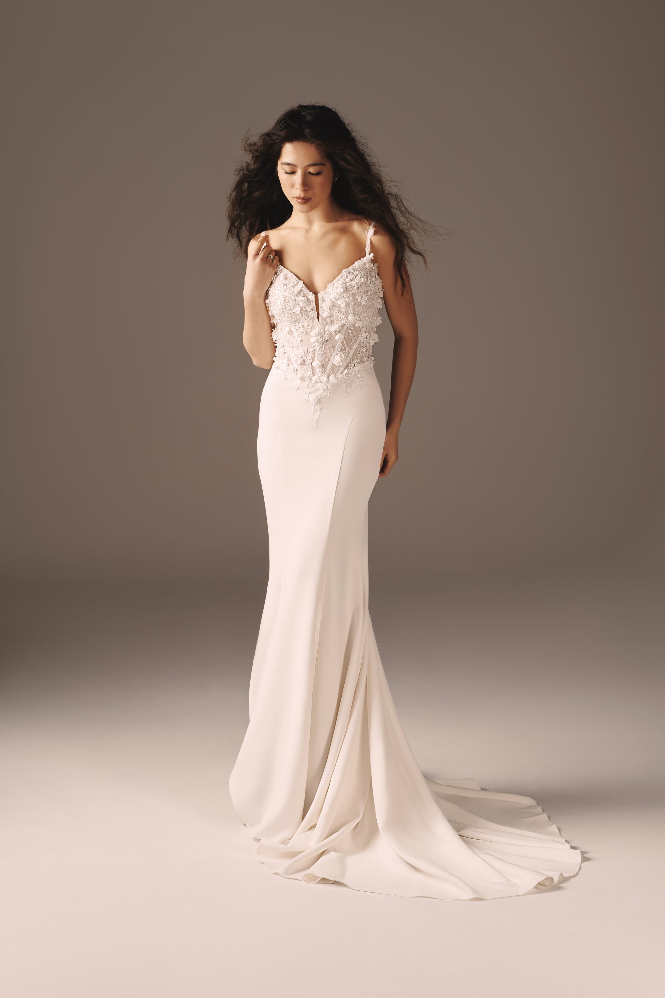 Helena | Premium Crepe Mermaid Gown with 3D Lace & Bow Cape