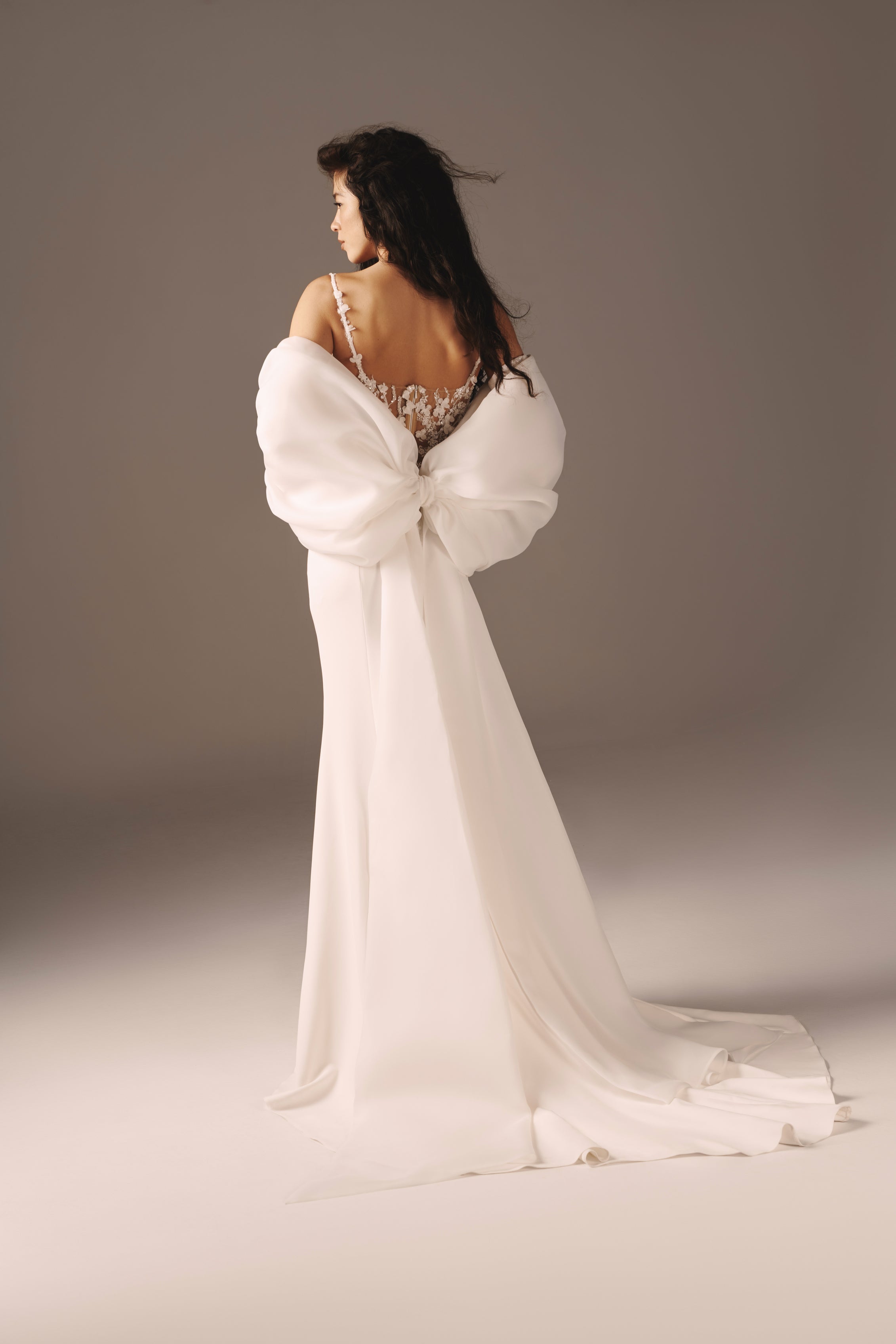 Helena | Premium Crepe Mermaid Gown with 3D Lace & Bow Cape