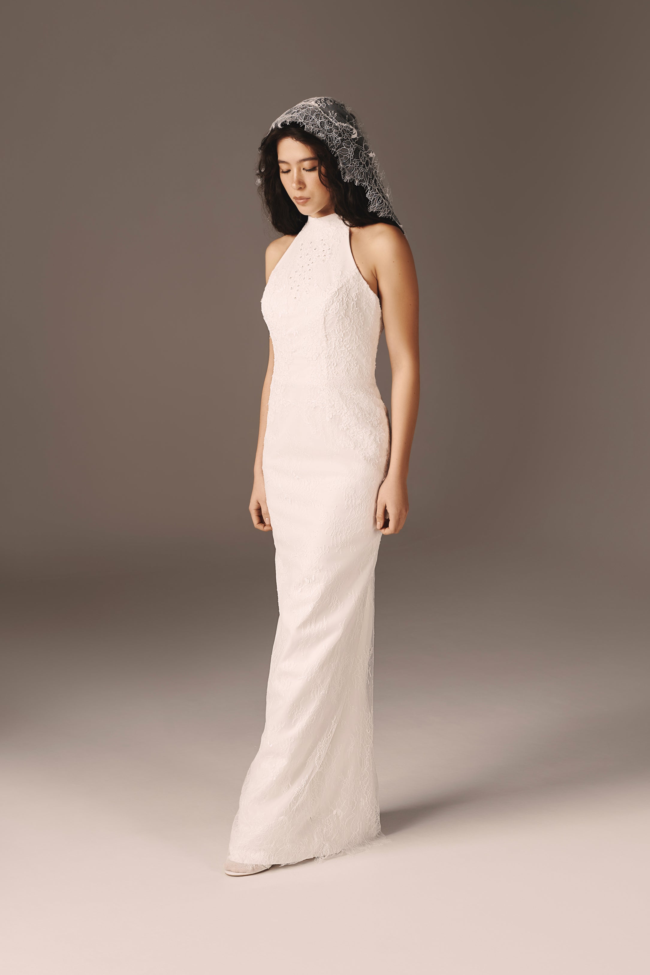 Milen | Minimalist Halter Neck Gown with Detachable Bubble Train