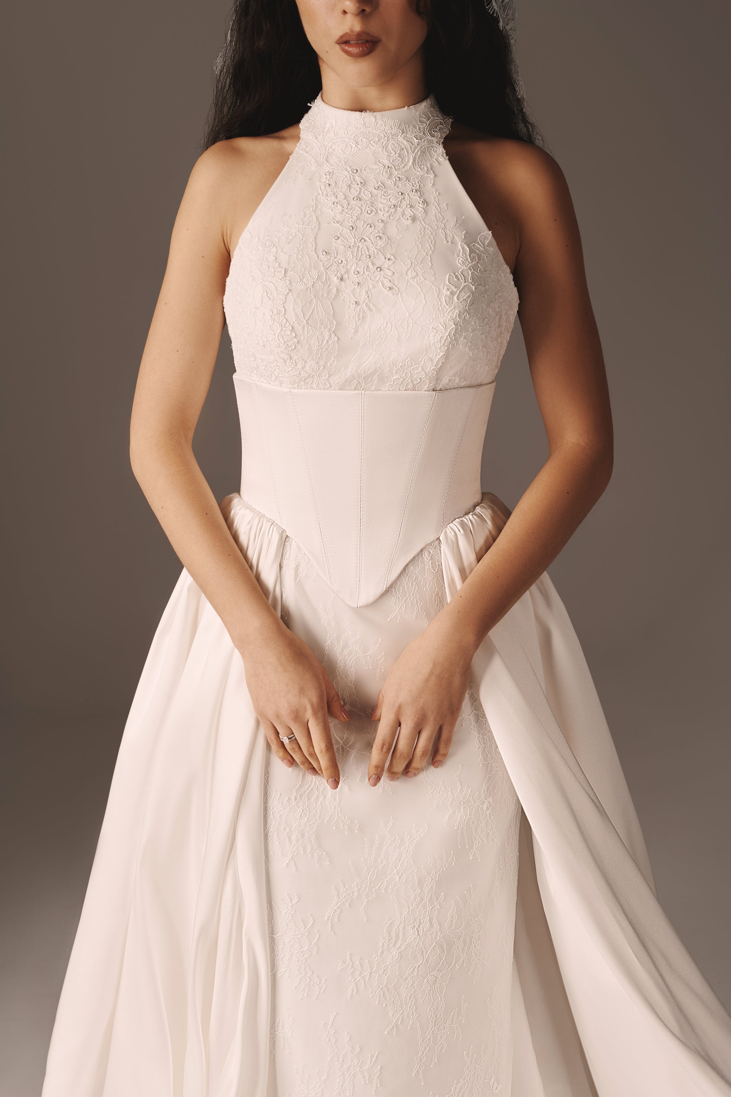 Milen | Minimalist Halter Neck Gown with Detachable Bubble Train | Victoria Soprano Group Milen | Minimalist Halter Neck Gown with Detachable Bubble Train | Victoria Soprano Group