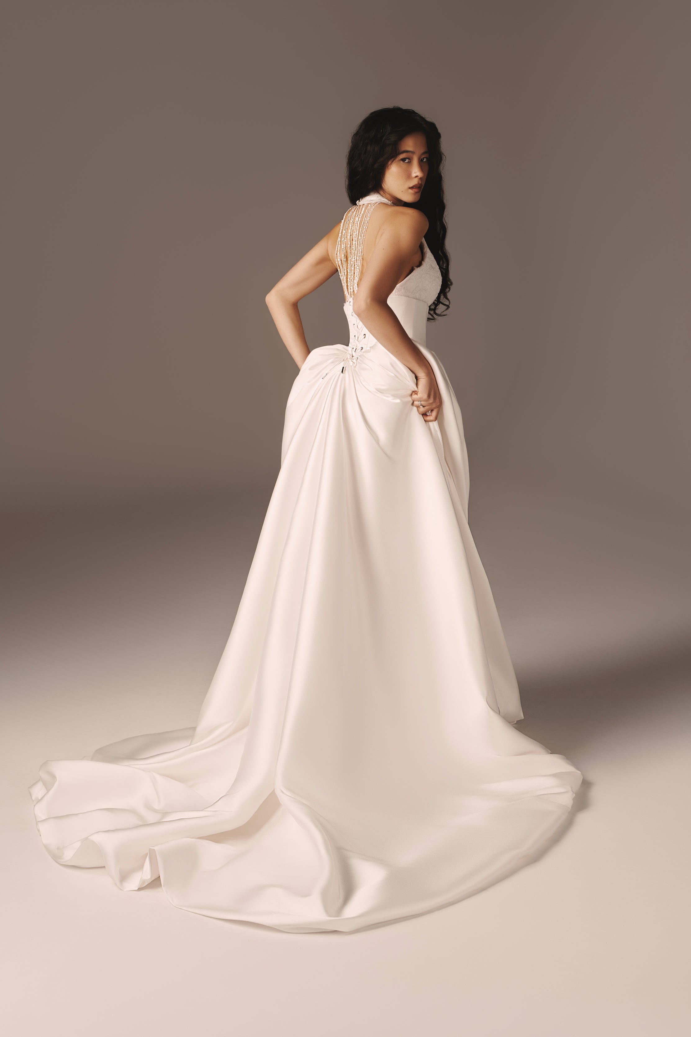 Milen | Minimalist Halter Neck Gown with Detachable Bubble Train