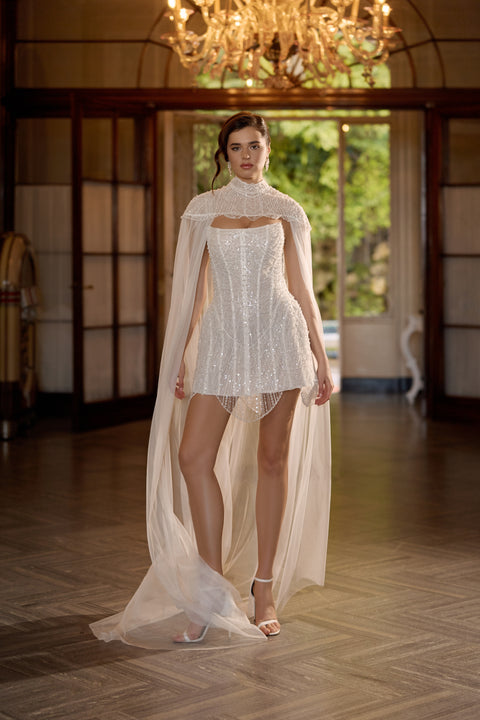 sparkly after party dress Beaded Bridal Mini Gown | Melina Short Wedding long sleeves dresses shaped Sequins Color Two-Piece Vintage Rose Chiffon Color Code:BTTR